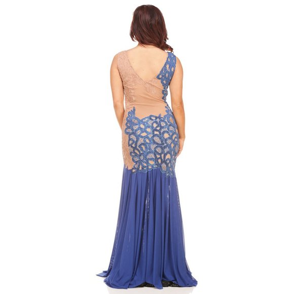 Ema Savahl Sheer Painted Lace Blue & Nude Dress - Picture 2 of 3